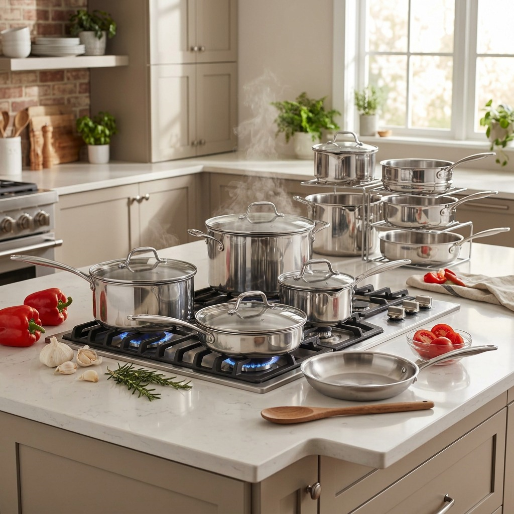 Authentic lifestyle photograph of the 14pc Tramontina Tempo tri-ply base cookware set arranged in a modern kitchen.