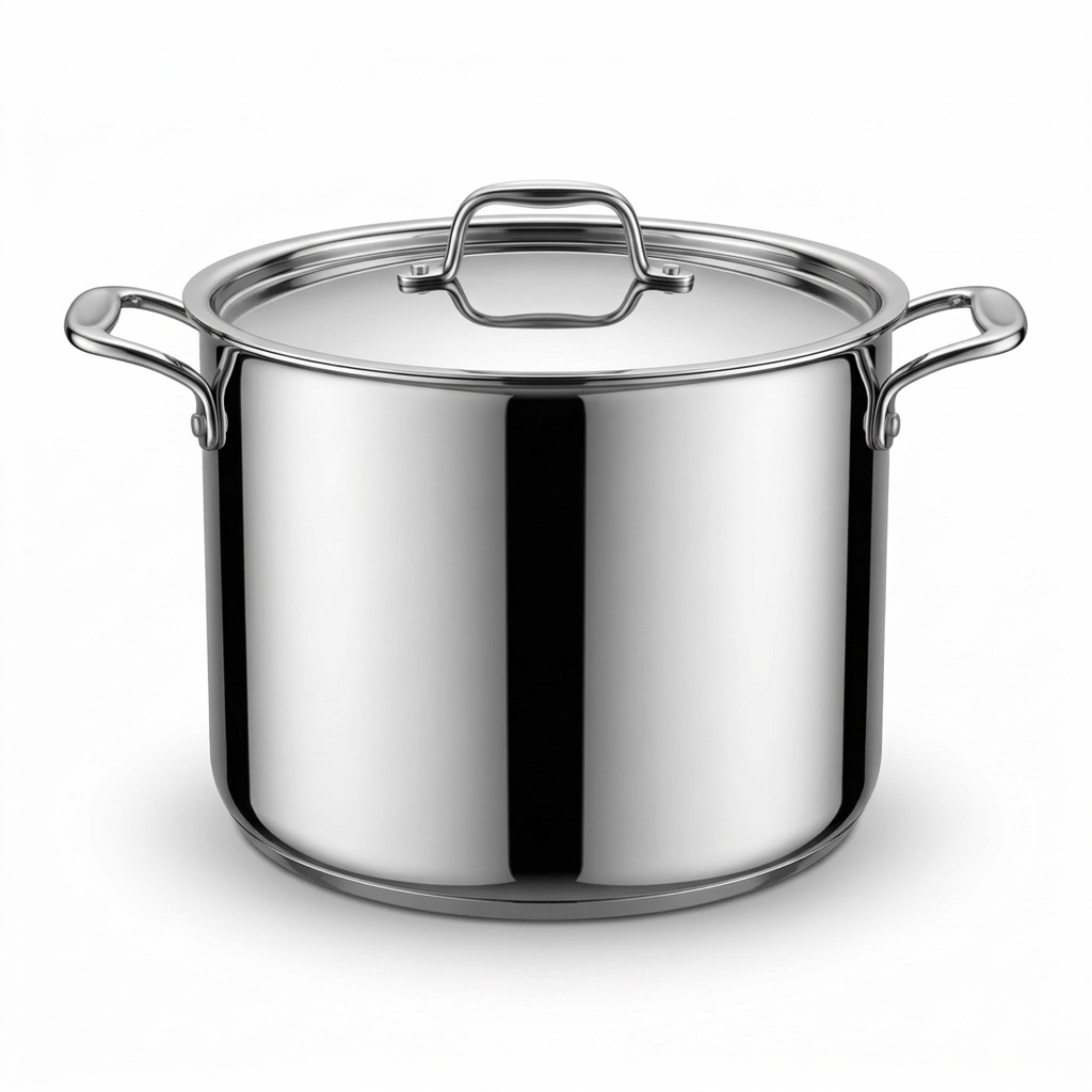 High-resolution centered shot of Tramontina 12qt stock pot and lid on white background.