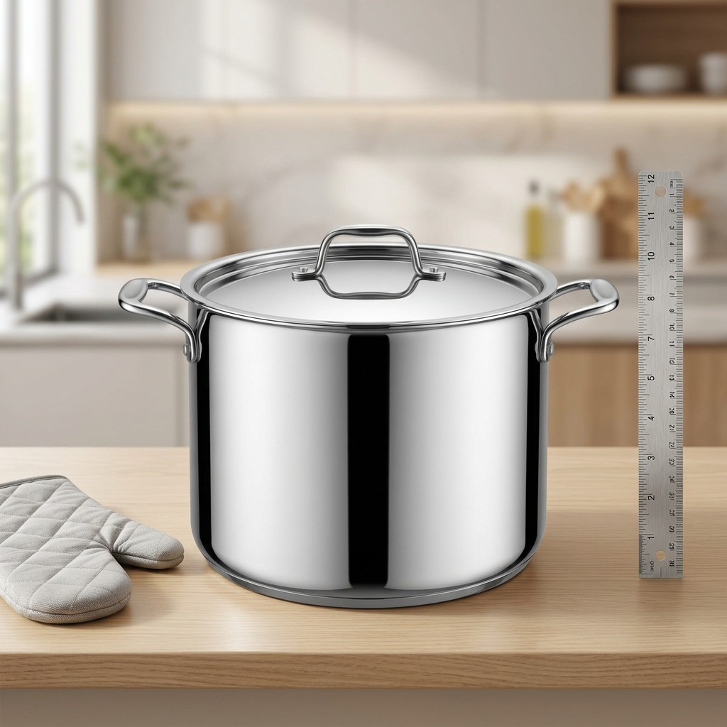A 12-quart stainless steel stock pot (image_0.png) shown with a 12-inch ruler.