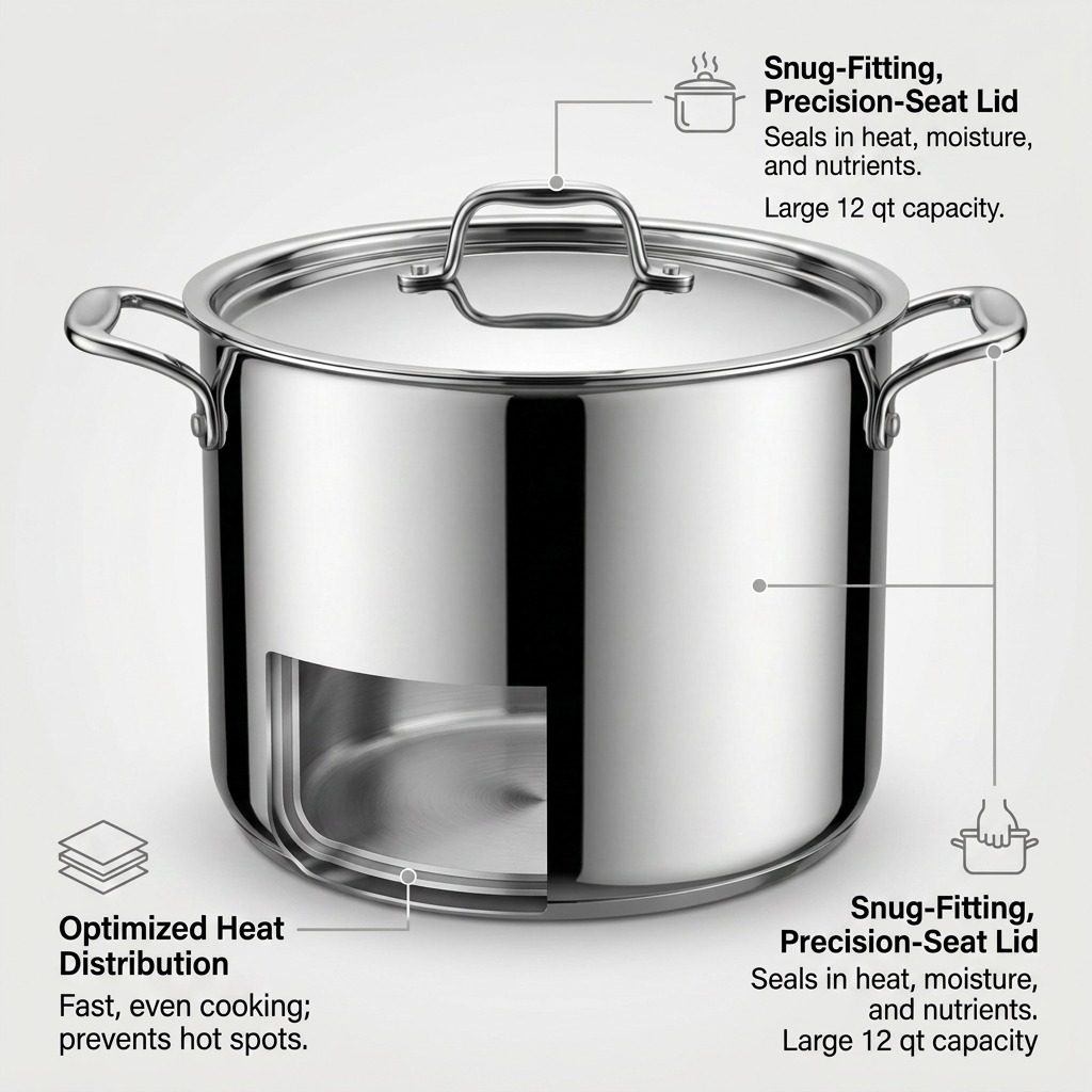 A technical graphic explaining the functional features and benefits of the 12 qt. Tramontina stock pot.