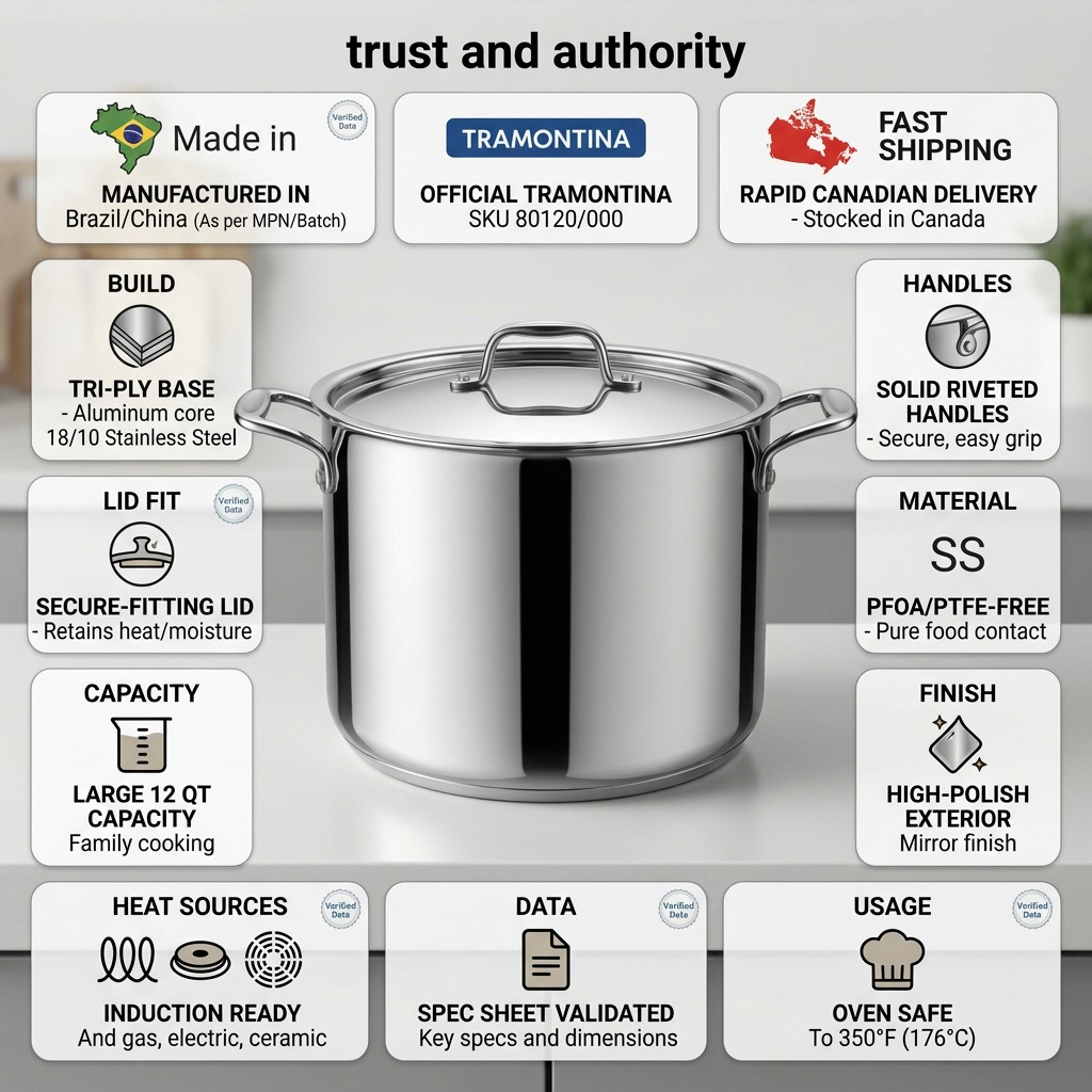 Confidence graphic matrix for Tramontina 12qt Stock Pot with visual cues and product details.