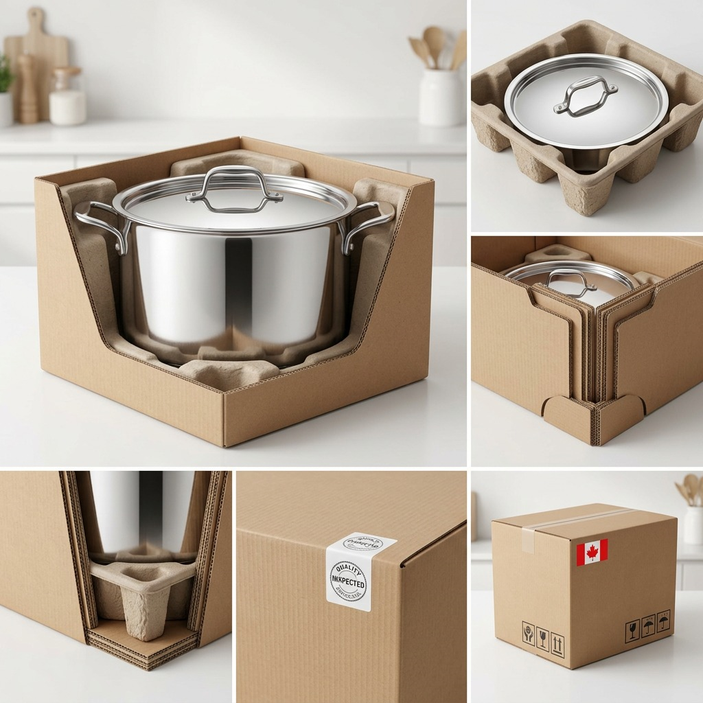 High-resolution photograph of the Tramontina stock pot in protective transit and premium unboxing, showing internal cushioning.