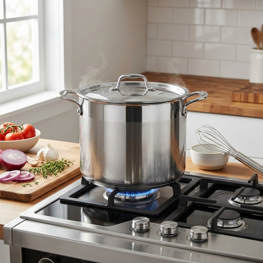 Close-up photo of the polished stainless steel stock pot simmering on a rustic range with ingredients by the side.