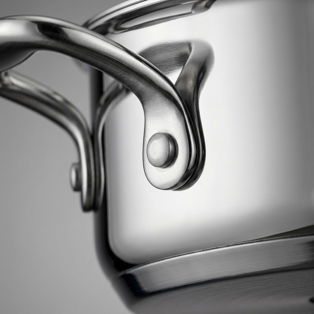 Extreme macro photograph showing the high-precision, polished rivet points and seam on the stainless steel stock pot handle.
