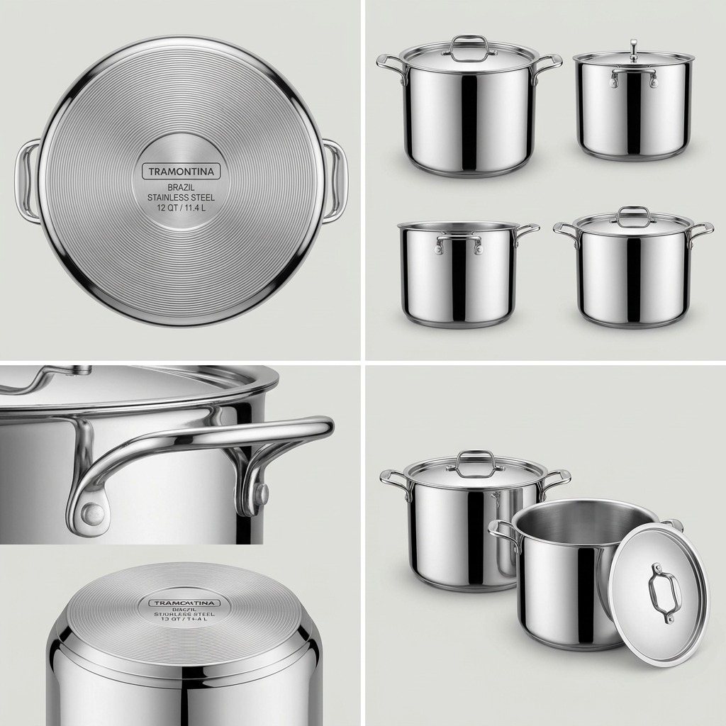 Multi-angle view of the Tramontina 12-quart stainless steel stock pot with lid, highlighting its features.