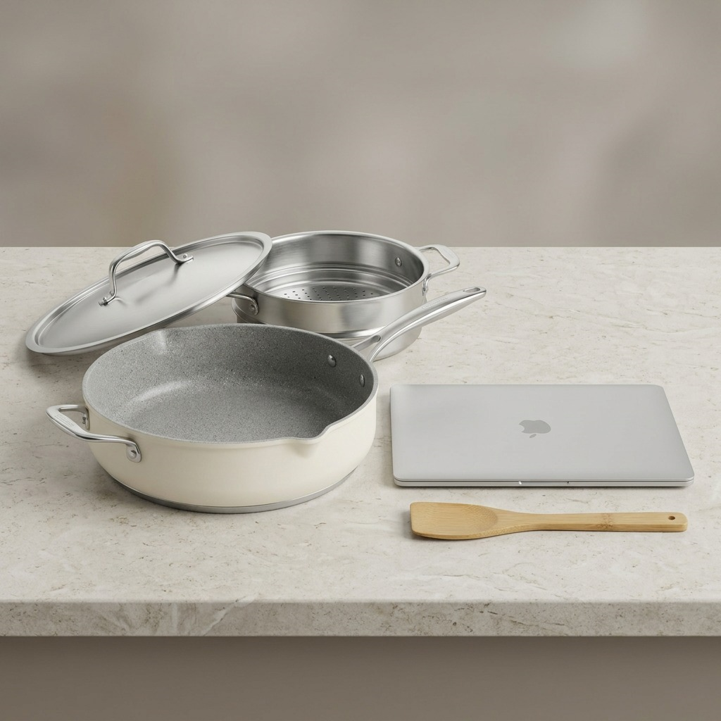 Scale reference: The Tramontina cookware set next to a standard closed MacBook Air.