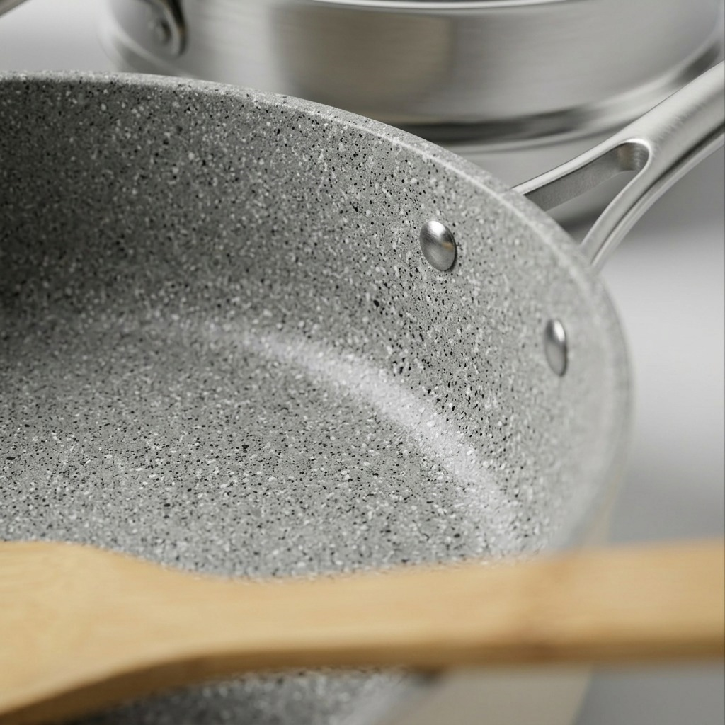 Macro close-up of the grey speckled ceramic nonstick coating on the Tramontina pan.
