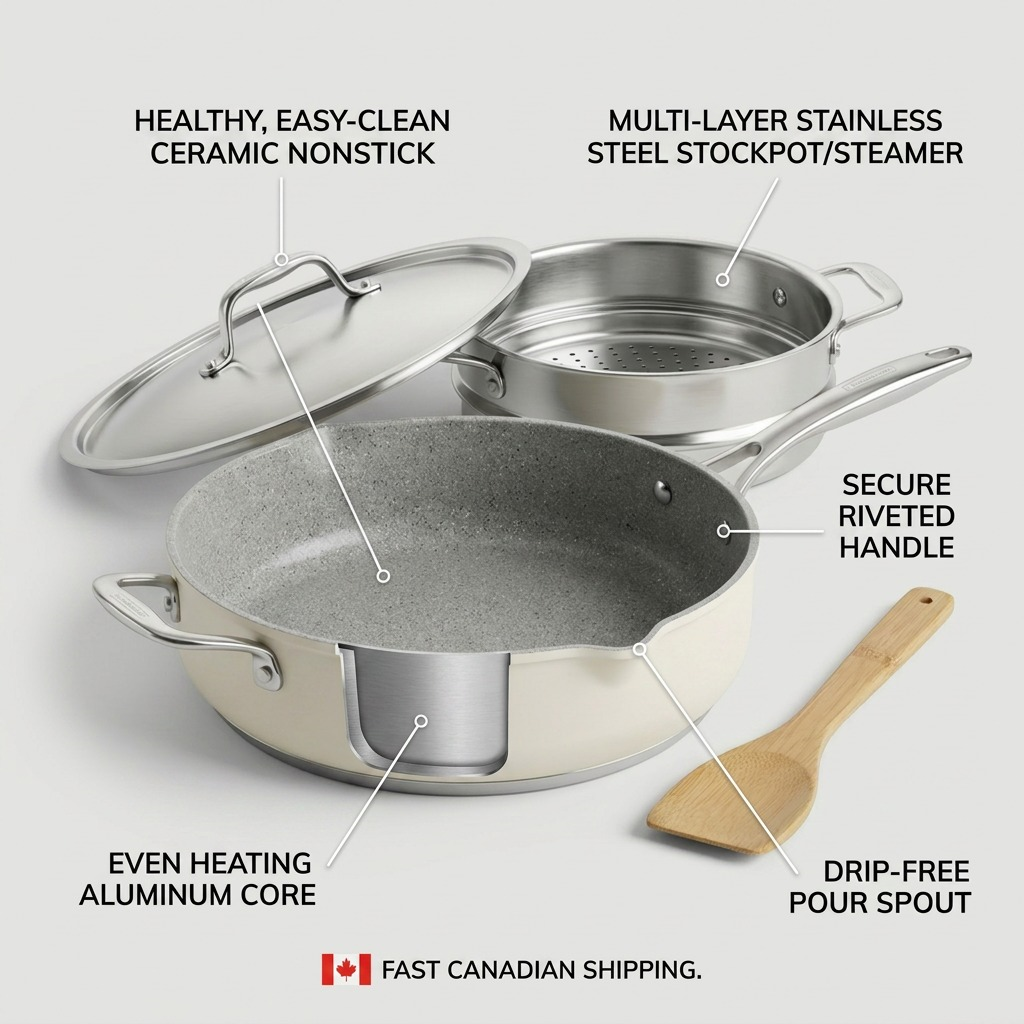 Feature graphic for Tramontina 4-pc set highlighting nonstick ceramic, stainless steamer, even heating, and fast Canadian shipping.