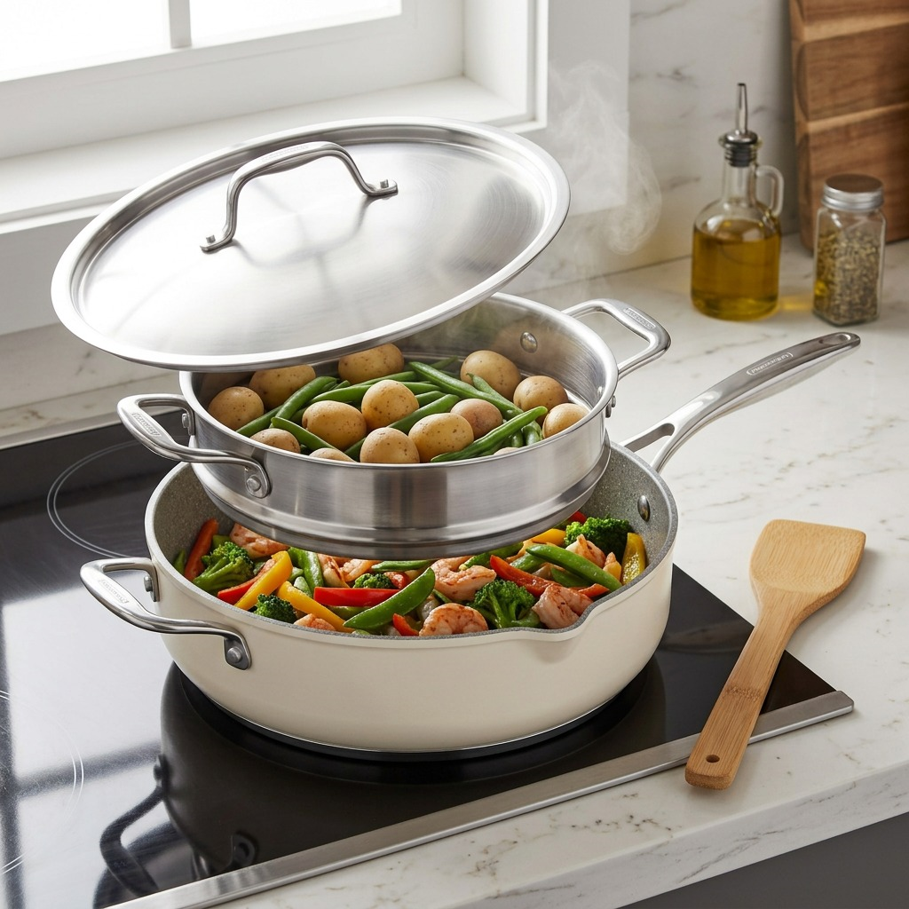 Lifestyle scene of the Sea Salt 5 Qt All In One Plus Pan set with steaming vegetables and fish.