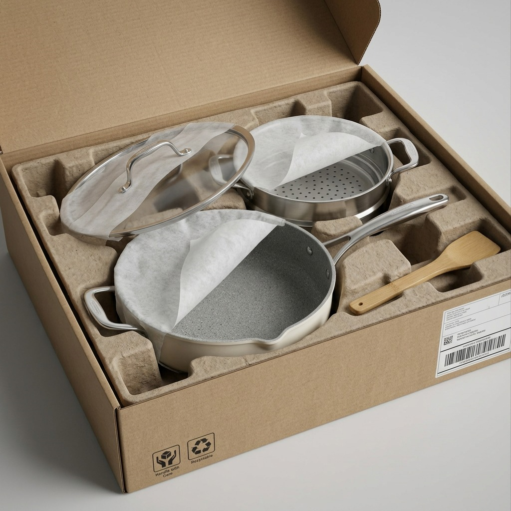 Premium unboxing scene showing the Sea Salt All In One Plus Pan set, nested in form-fitting foam within a corrugated shipping box.
