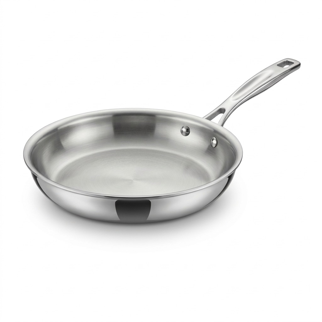 High-resolution hero shot of the Tramontina 10-inch stainless steel fry pan on a pure white background.