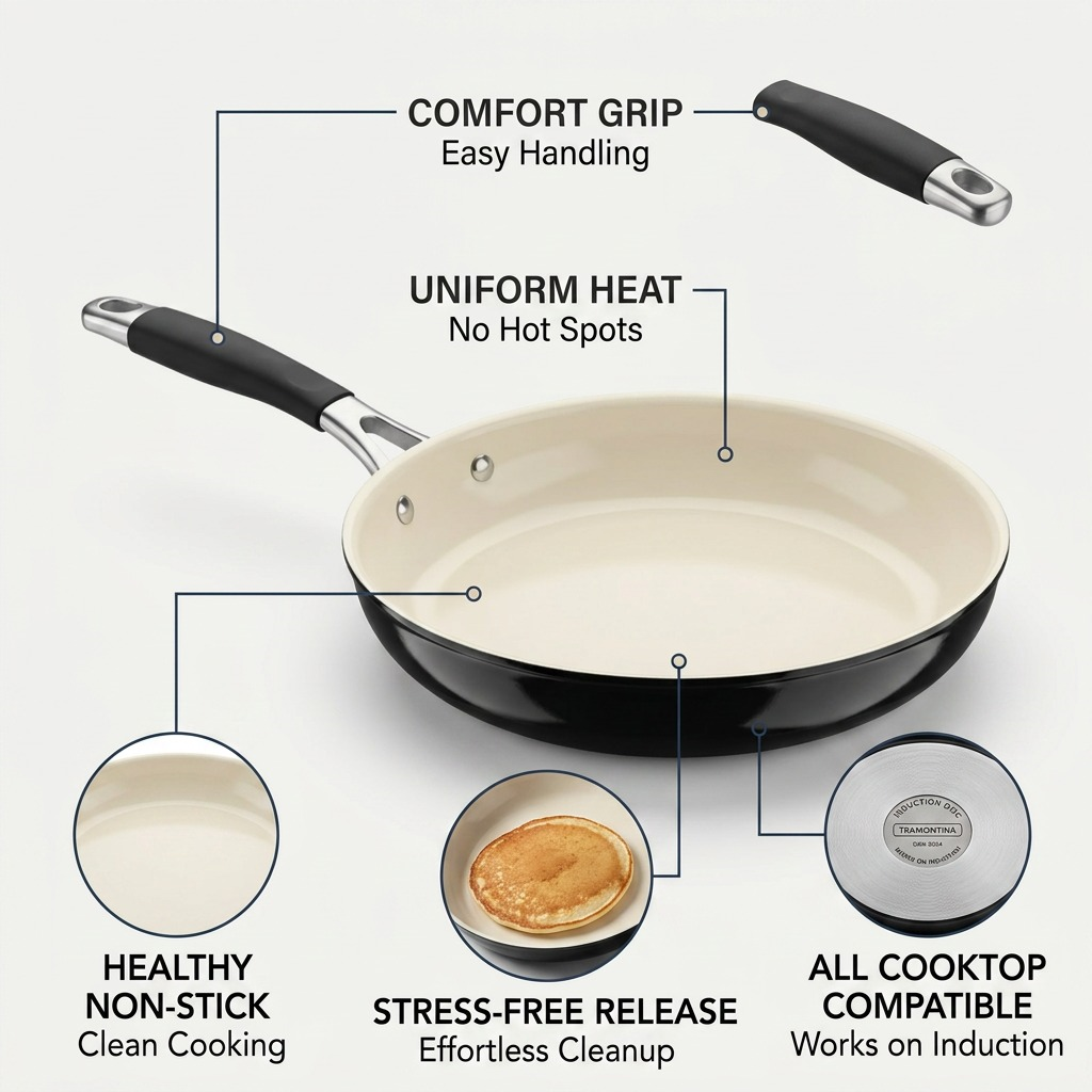 Feature callout image for Tramontina 12In Fry Pan showing non-stick, heat distribution, and induction compatibility.