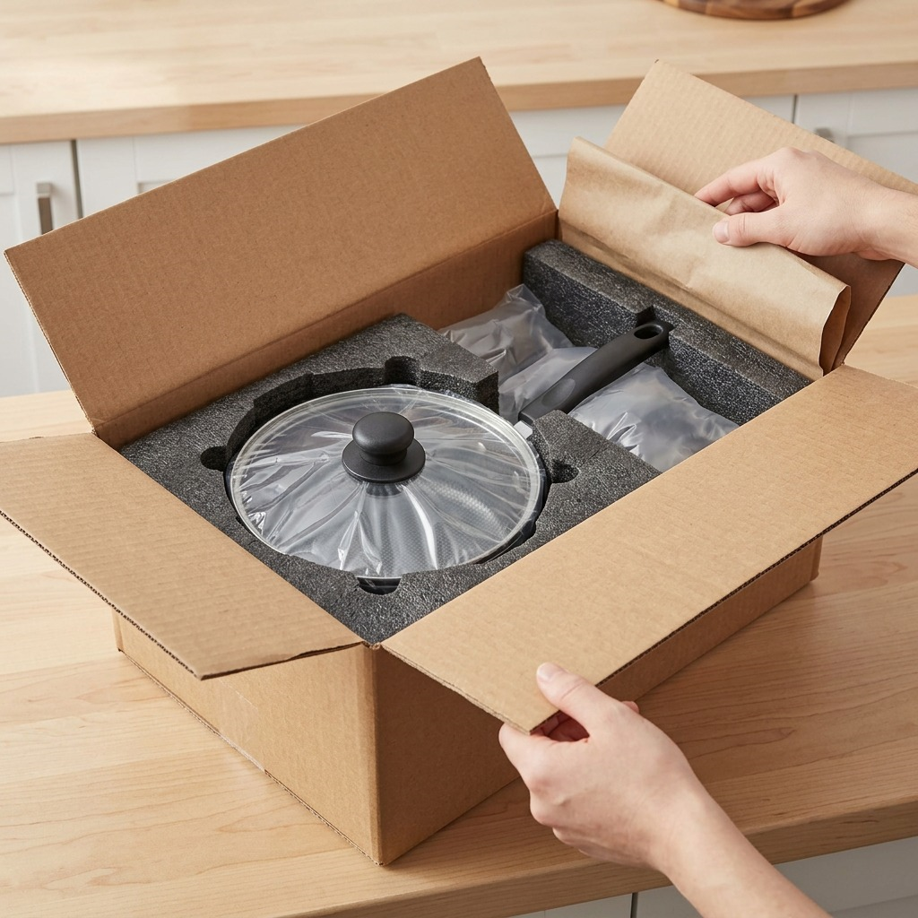 A premium unboxing scene shows the exact sauce pan and lid from the product image, nestled in a secure foam insert and protective plastic within a sturdy brown shipping box.