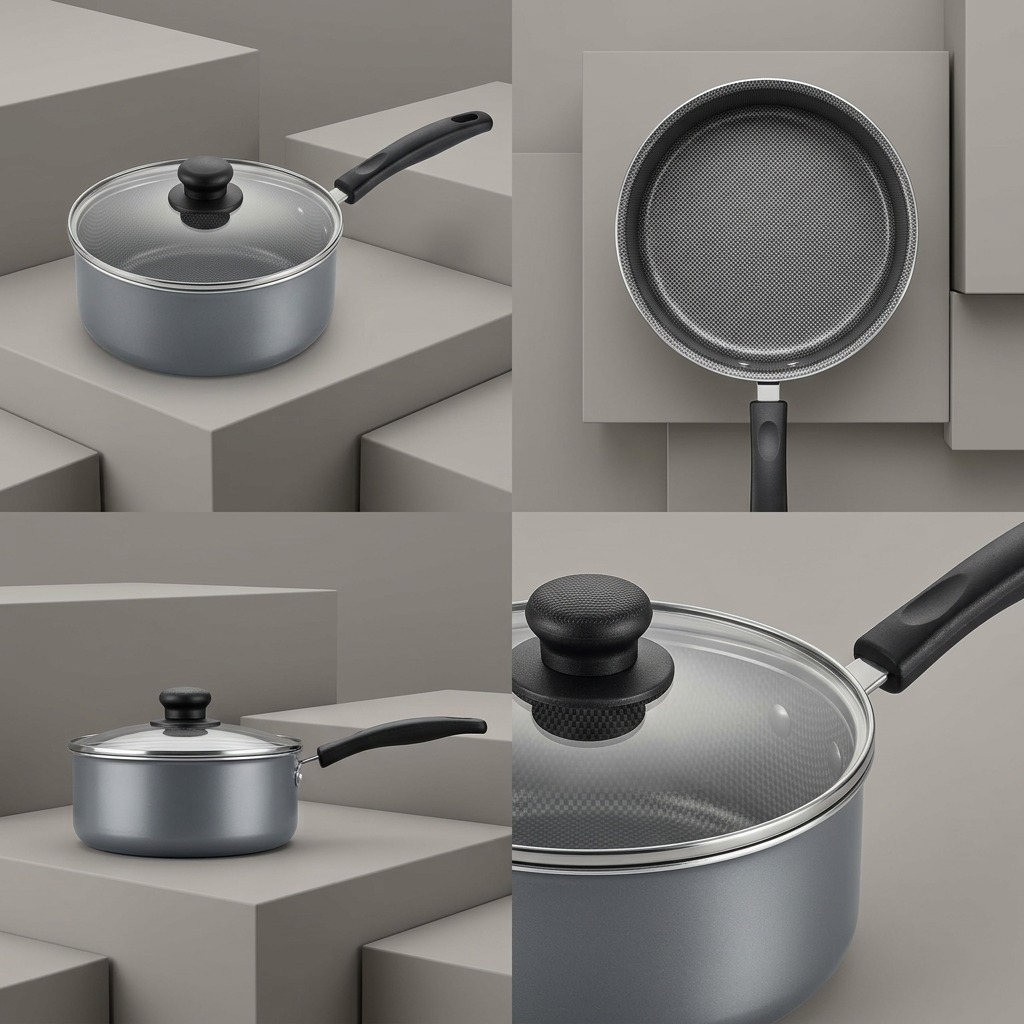 A PDP visual matrix displaying the Tramontina 3-qt saucepan in various angles on a geometric display.