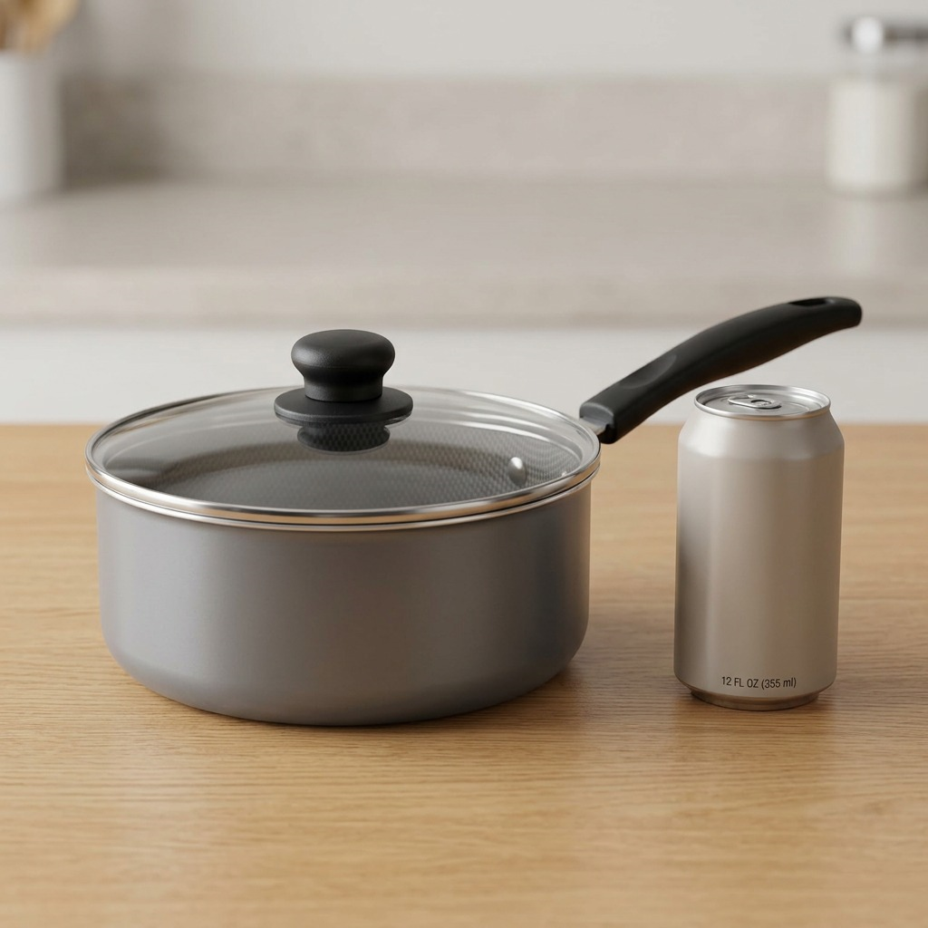 A scale comparison image shows the 3 quart Tramontina saucepan next to a standard 12oz beverage can.