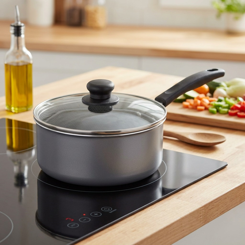 A photo of the Tramontina sauce pan with the glass lid on, placed on a cooktop, with a wooden spoon and a vegetable prep board nearby.