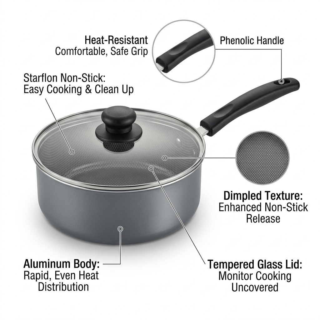 Feature callout image for Tramontina saucepan, labeling its non-stick coating, handle, and build.