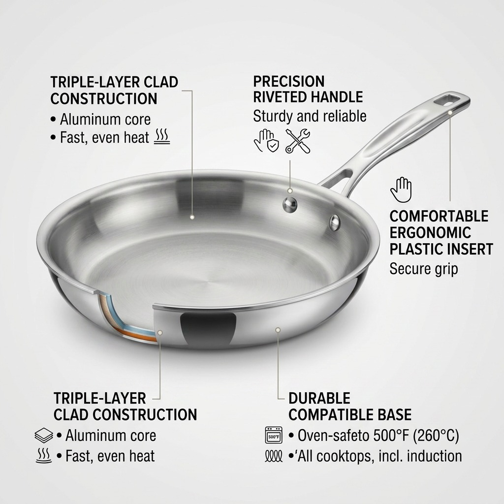 A polished feature graphic for the Tramontina Signature fry pan, illustrating its technical benefits.
