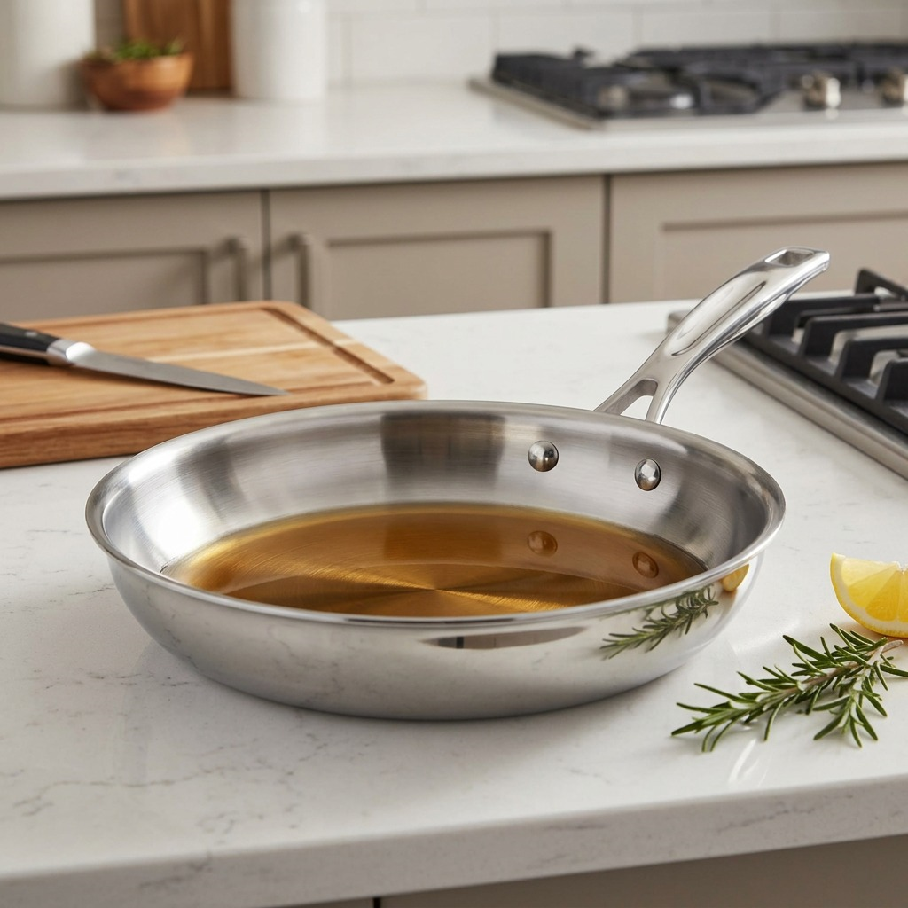 A close-up of a 10-inch stainless steel fry pan with oil heating on a kitchen counter.
