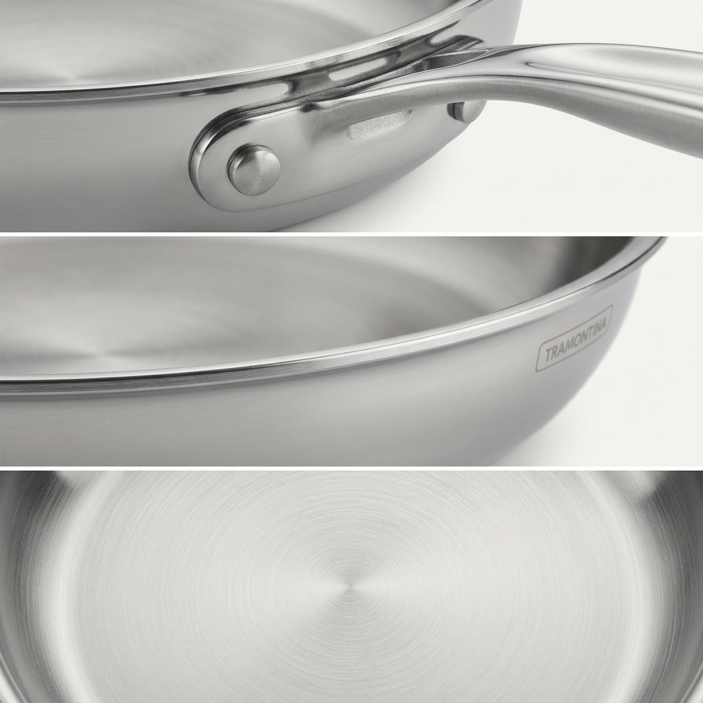 Macro close-up showing the secure dual-rivet handle connection and the multi-layer edge of the stainless steel fry pan.