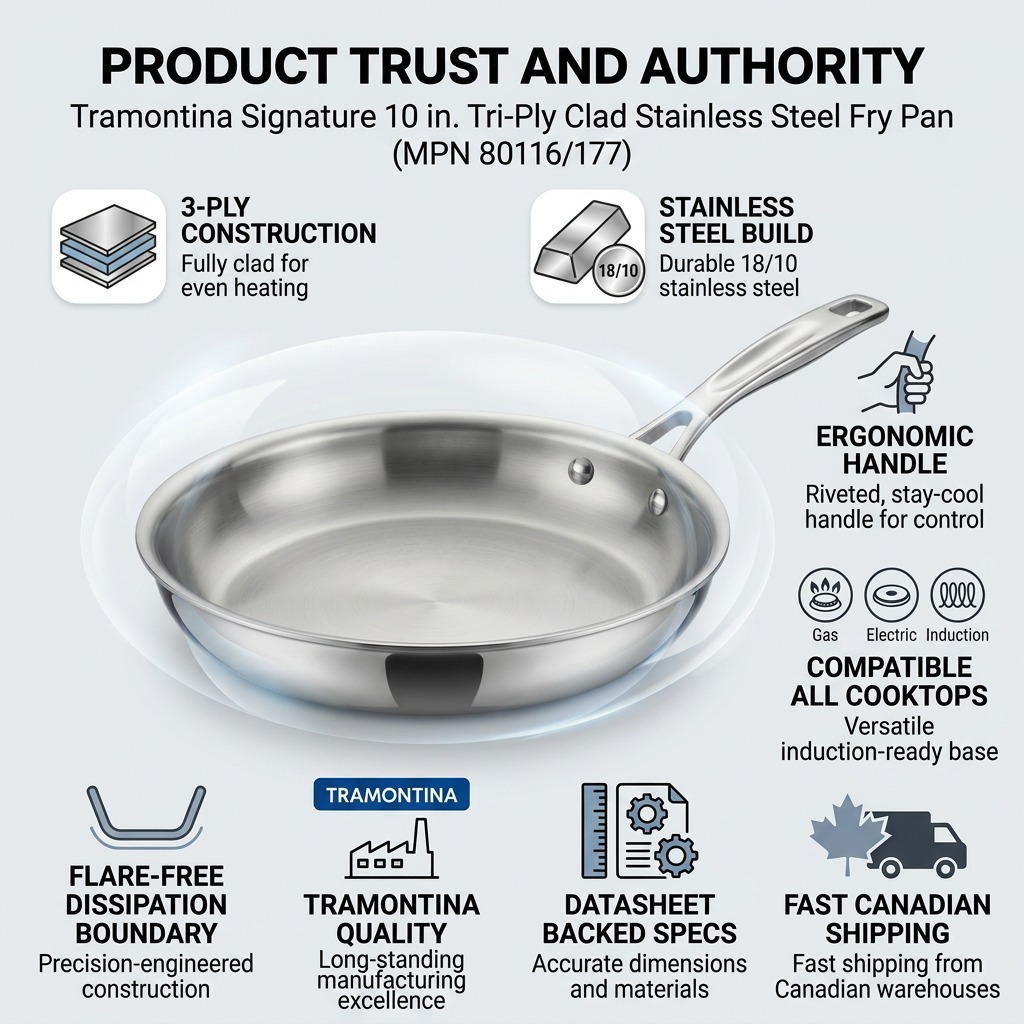 An infographic highlighting Tramontina fry pan quality with iconic cues and fast Canadian shipping.