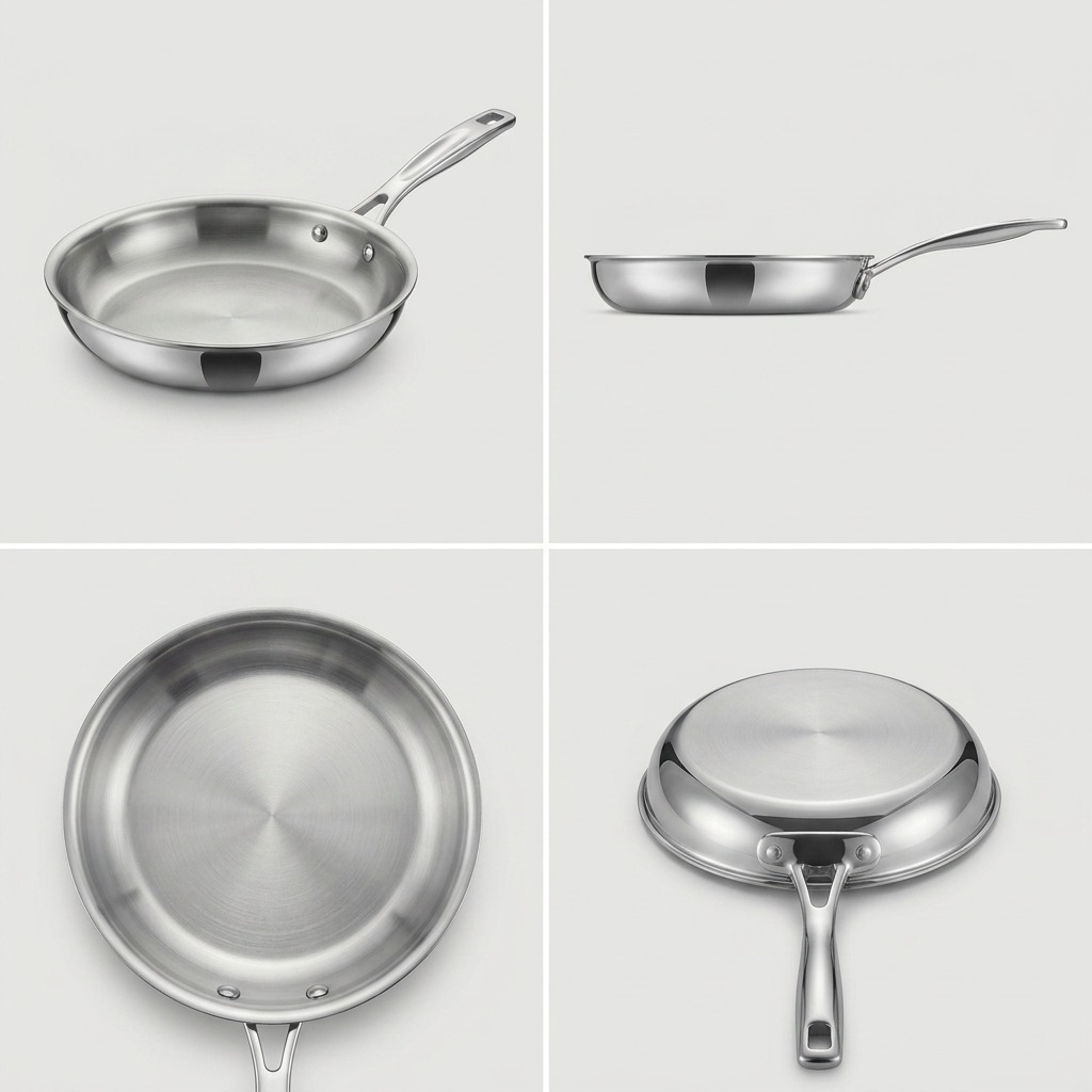 A 2x2 grid matrix showcasing the Tramontina Stainless Steel Fry Pan from four useful angles, including top-down and base views.