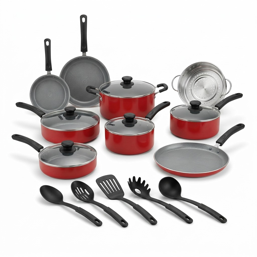 A clean, centered hero shot of the Tramontina 18-piece red non-stick cookware set on a pure white background.