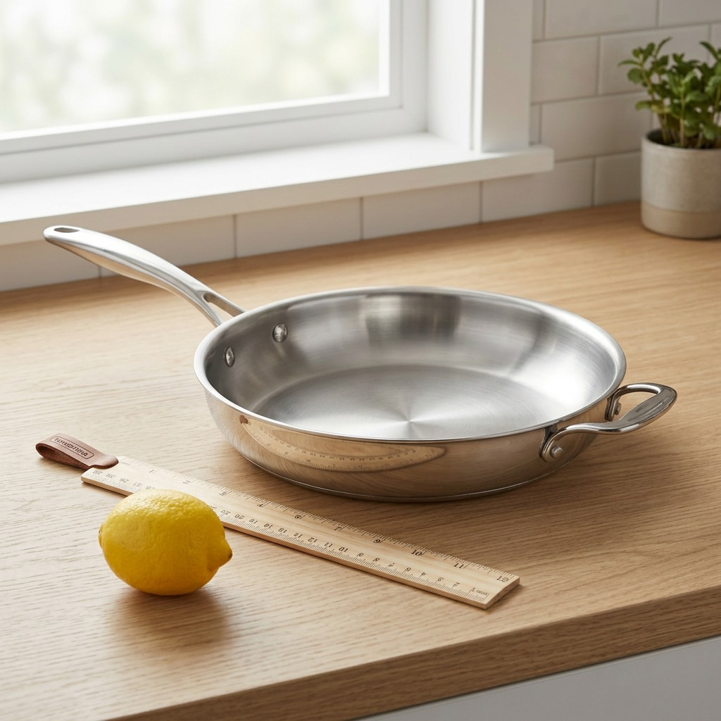 Scale reference photo: The 12-inch stainless steel fry pan on a wooden counter next to a 12-inch ruler and a lemon.