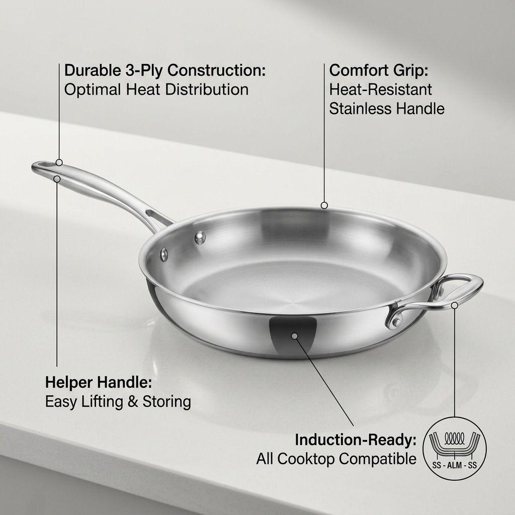 A professional feature infographic of the 12-inch tri-ply skillet, with concise component benefit callouts.