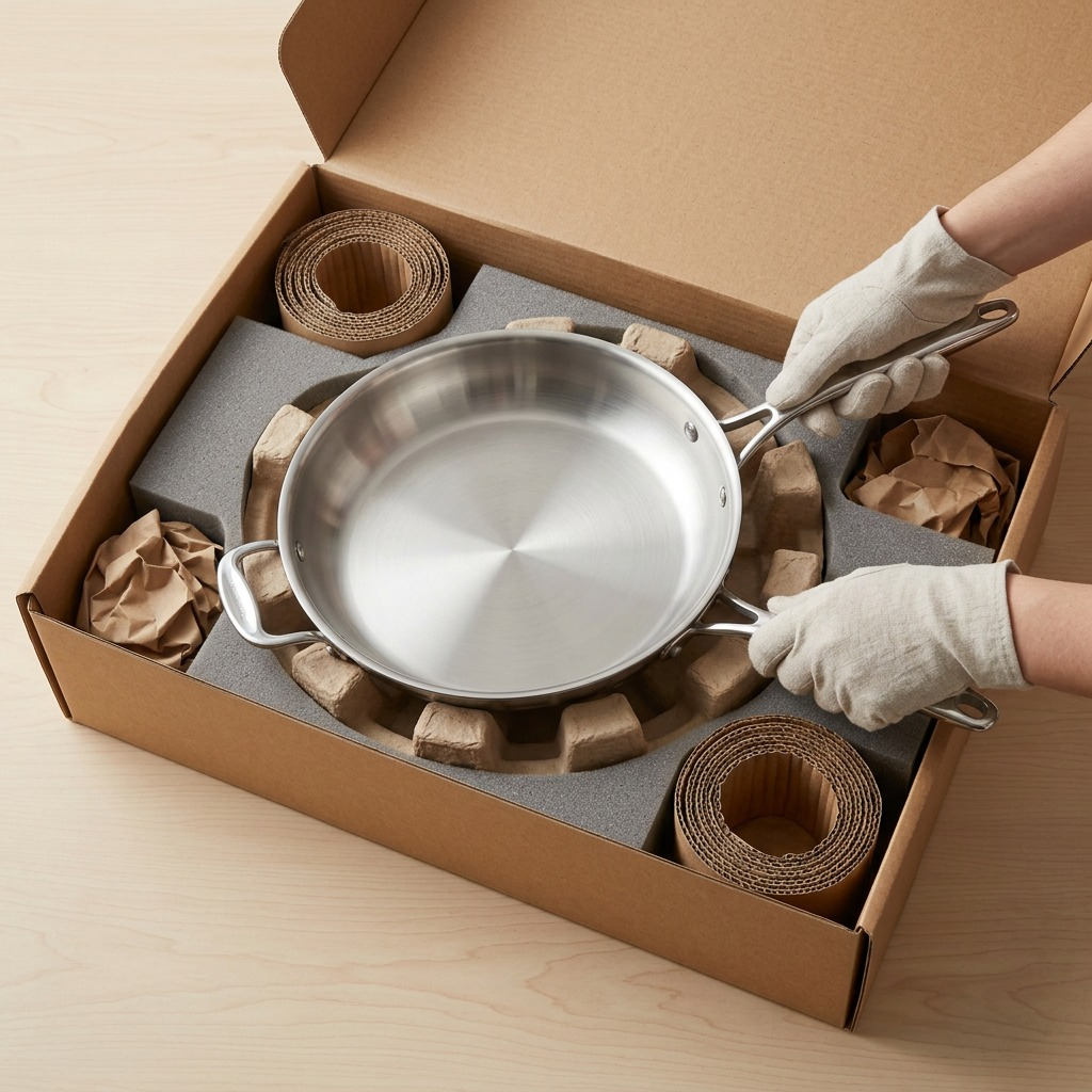 A top-down view of the 12-inch stainless steel pan nestled securely in custom foam packaging during unboxing.
