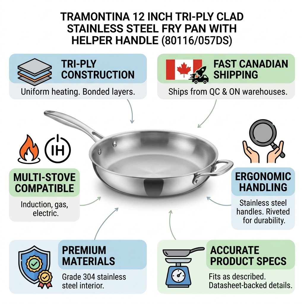 Trust matrix featuring the Tramontina 80116/057DS pan and six reliability certification cues.