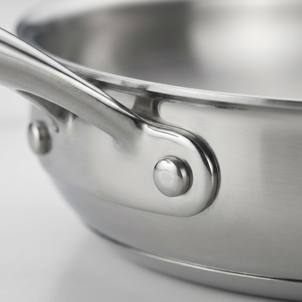 Macro view of the Tramontina 12-inch fry pan handle connection, showing polished steel rivets.