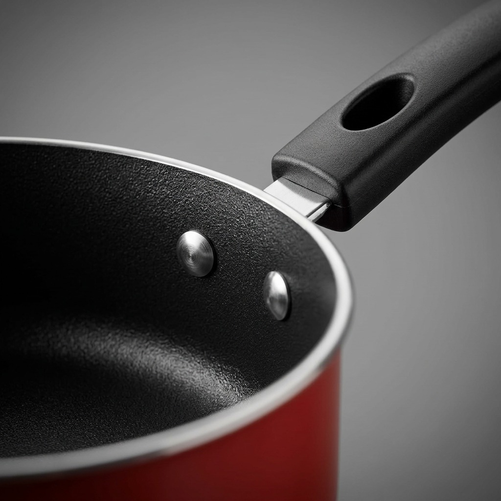 A detailed macro shot showing the intricate texture of the black non-stick cooking surface next to the clean red exterior.