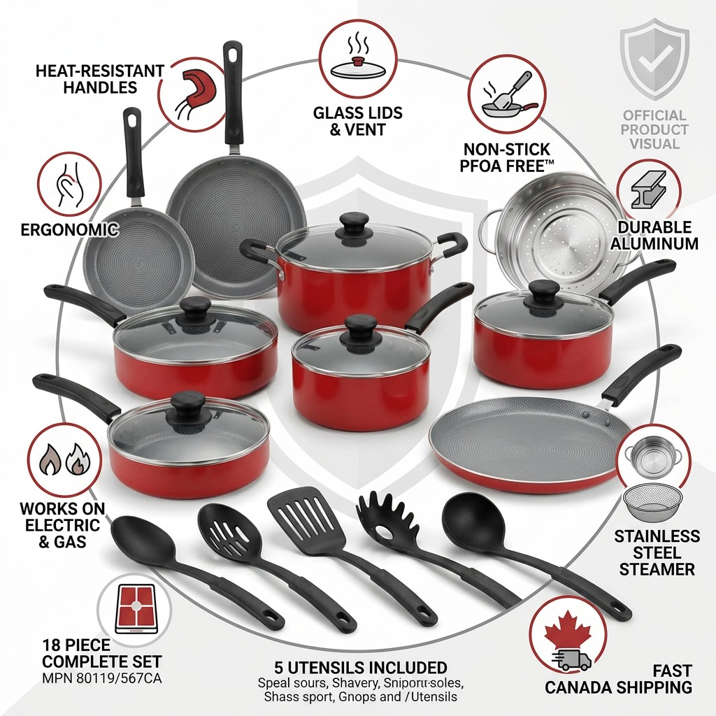 Infographic showing the Tramontina 18 piece cookware set with trust badges for materials, compatibility, and fast delivery.