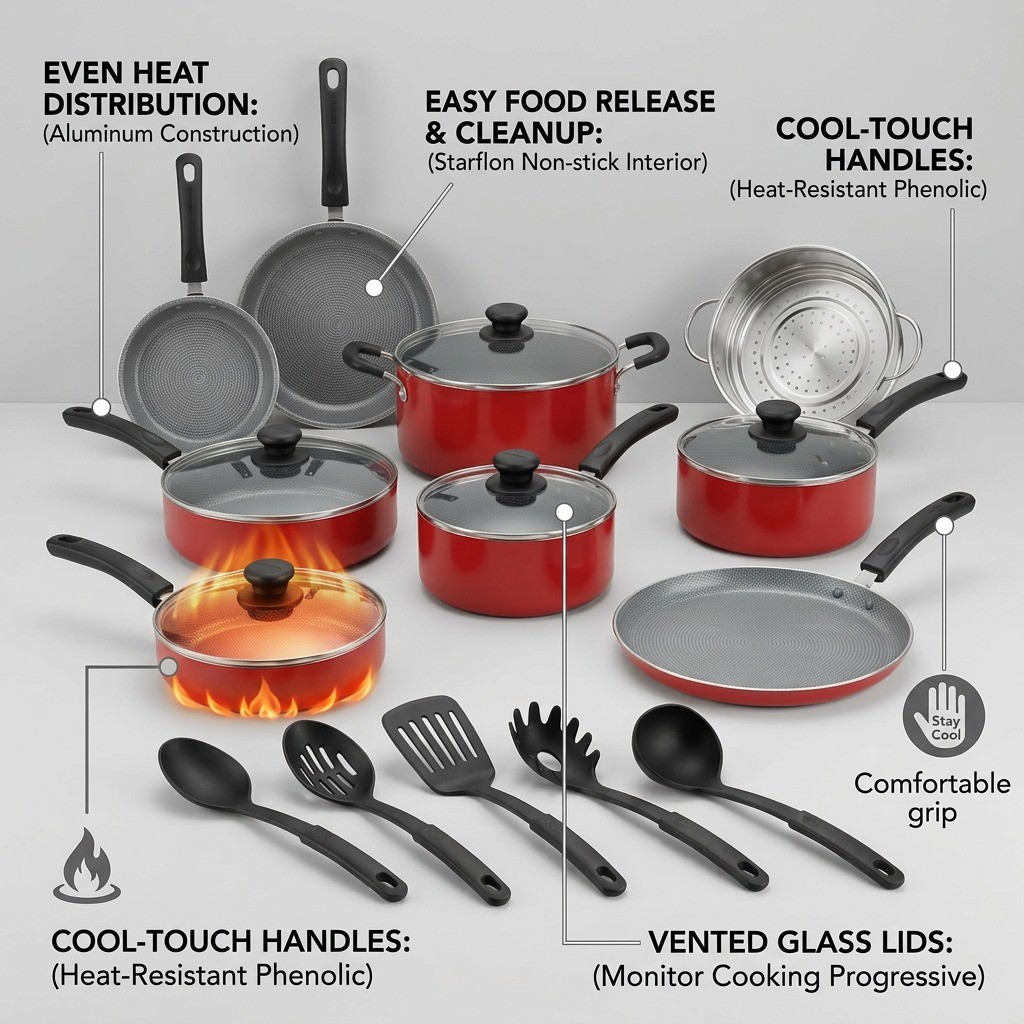 Feature graphic showing how the Tramontina red cookware set delivers even heat and provides comfortable, heat-resistant handles for safety.