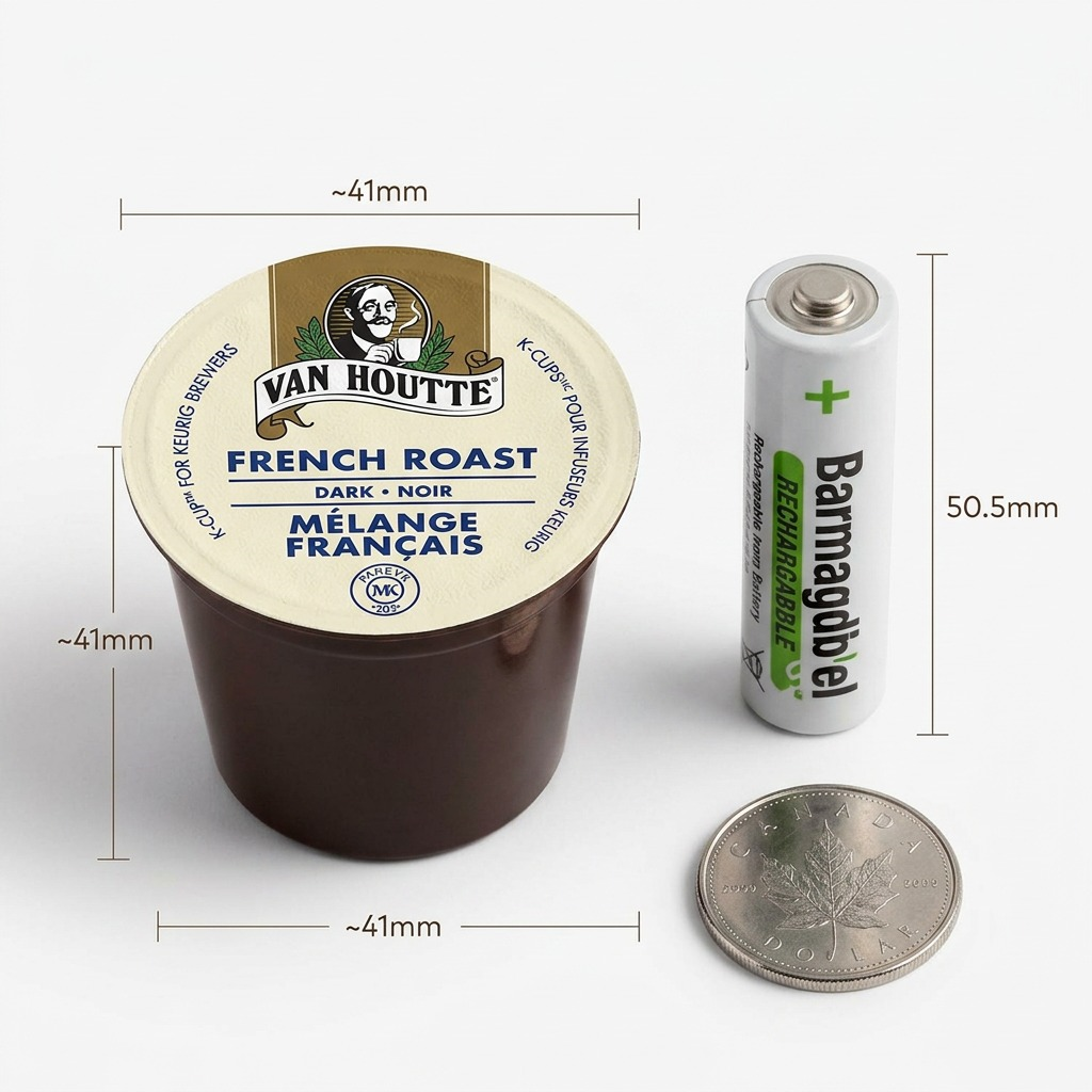 A Van Houtte K-Cup pod with precise measurement markers, next to an AA battery and a coin.