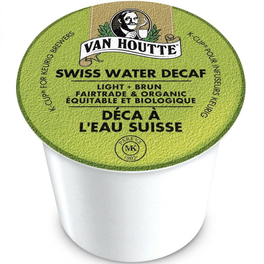 Keurig Van Houtte Swiss Water Decaf Light K-Cup single pod on a pure white background.