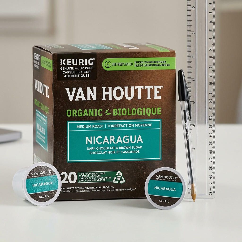 Van Houtte K-Cup coffee box shown with a real pen and ruler for size context.