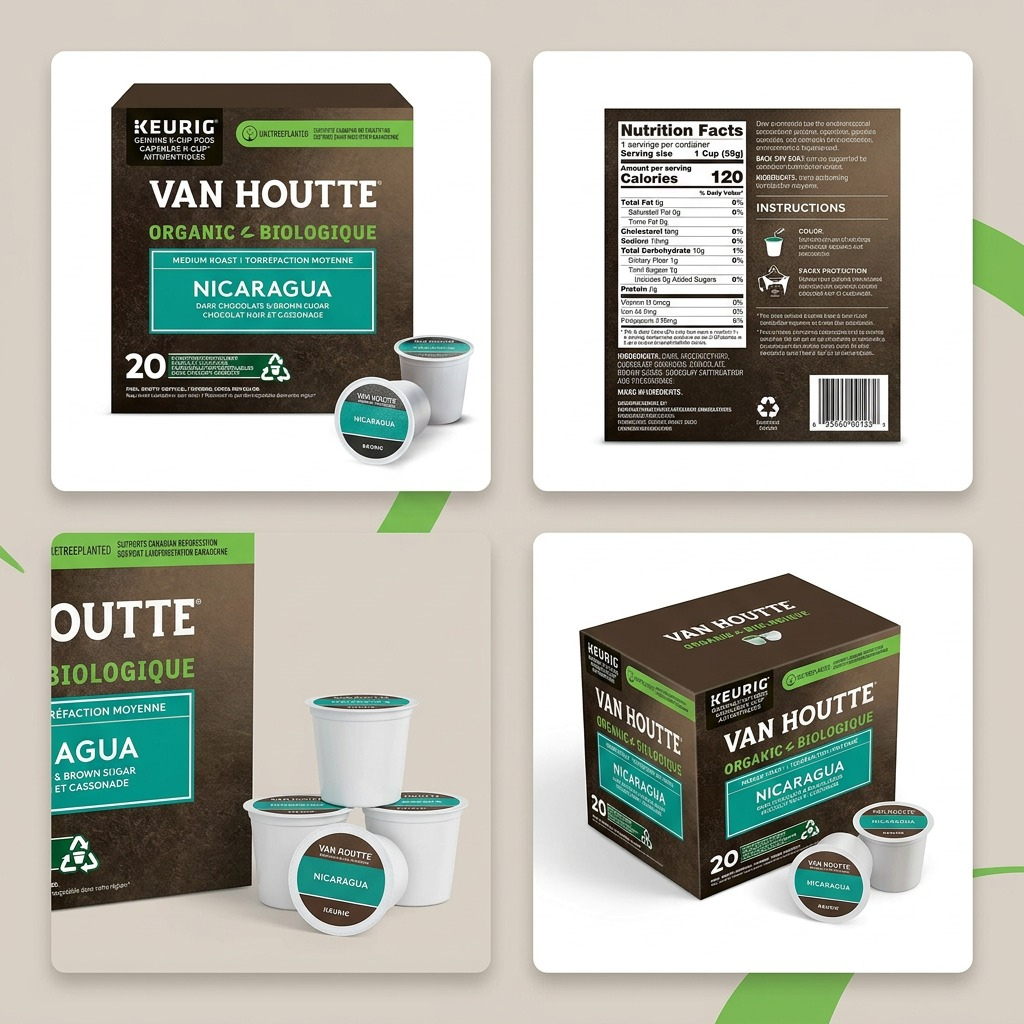 A visual matrix displaying the Van Houtte Nicaragua Organic box and K-Cup pods from four different angles.