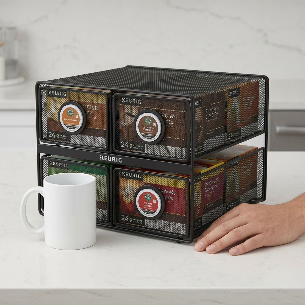 Keurig Mesh 4 Sleeve Rack beside a coffee mug, showing its compact counter-top scale.