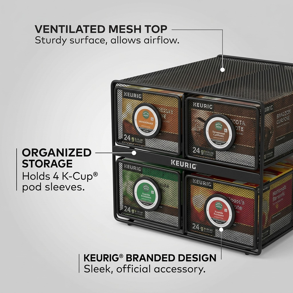 An infographic callout image showcasing the key features of the Keurig 4 Sleeve Pod Storage Rack.