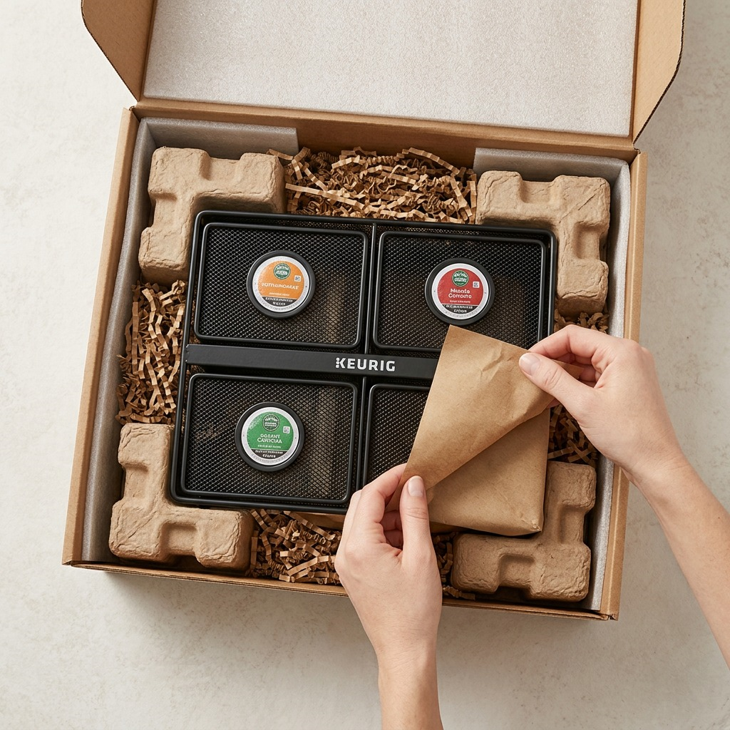 A realistic photo of the black mesh Keurig product rack being carefully unpacked from neutral protective shipping materials.