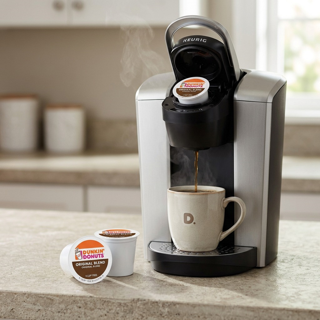 Two Dunkin' K-Cups on a counter, with another pod in a matching Keurig machine brewing coffee.
