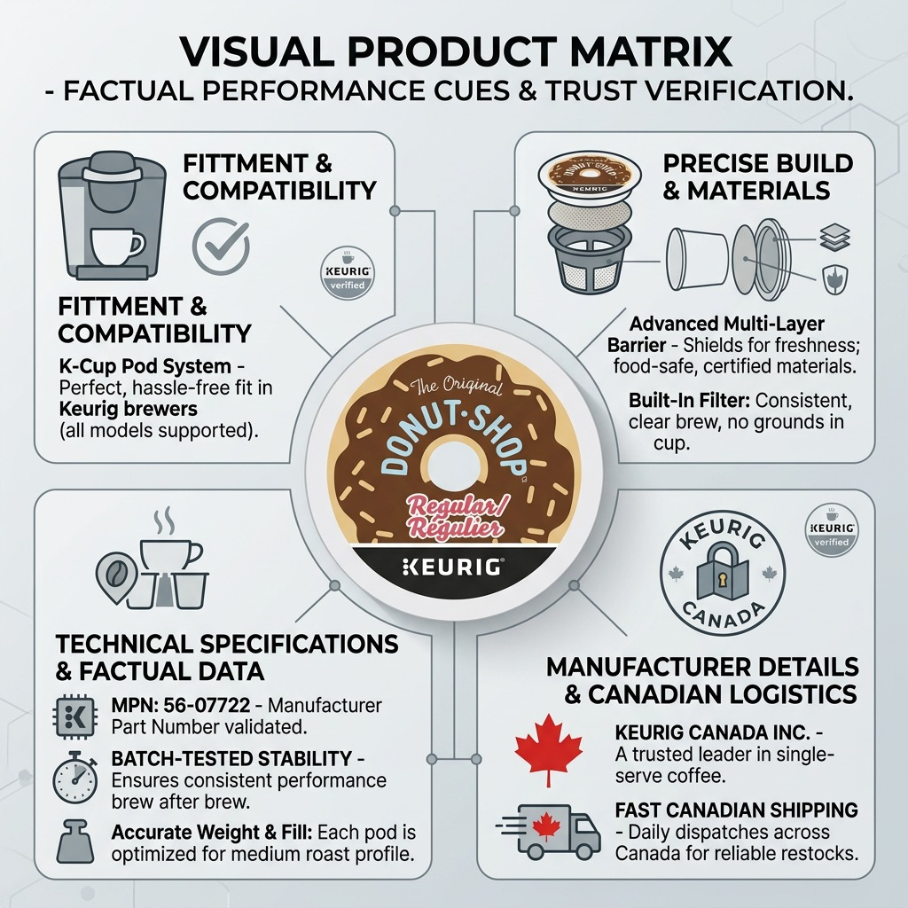 A trust infographic for Keurig Donut Shop K-Cups, highlighting fit, compatibility, build quality, and shipping.