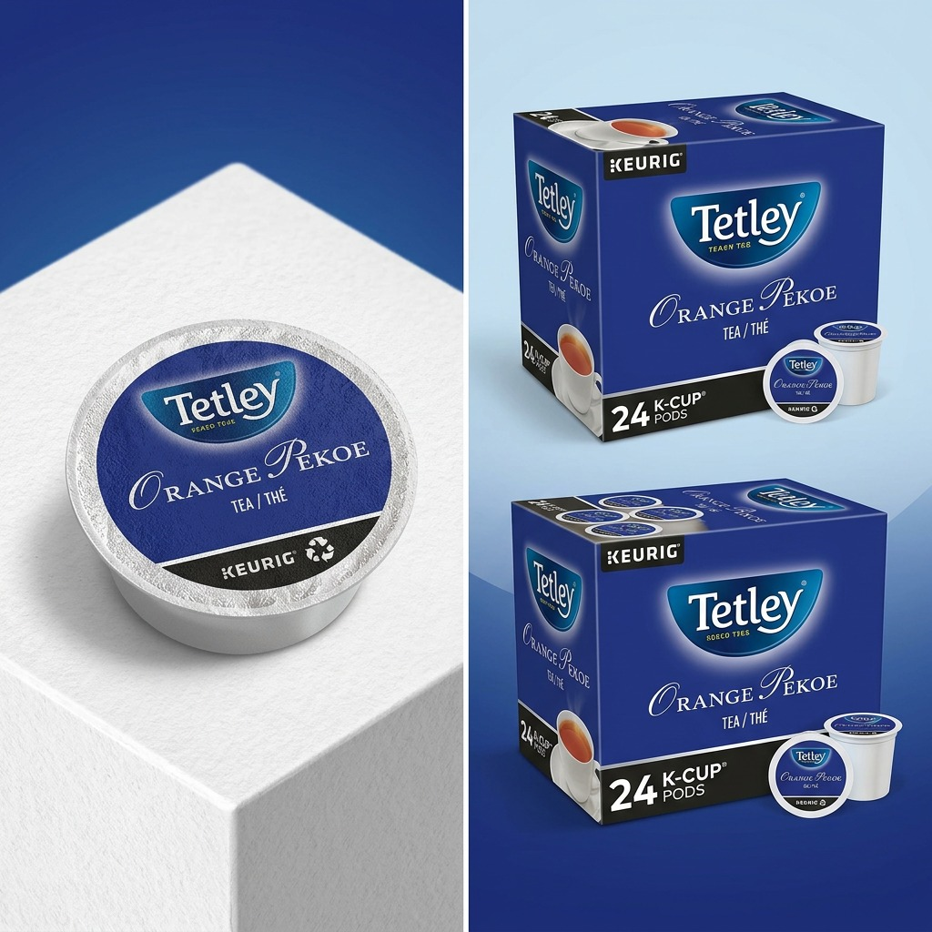 A configs menu of the Tetley Orange Pekoe K-Cup, shown as a single cup alongside the 24-count box.