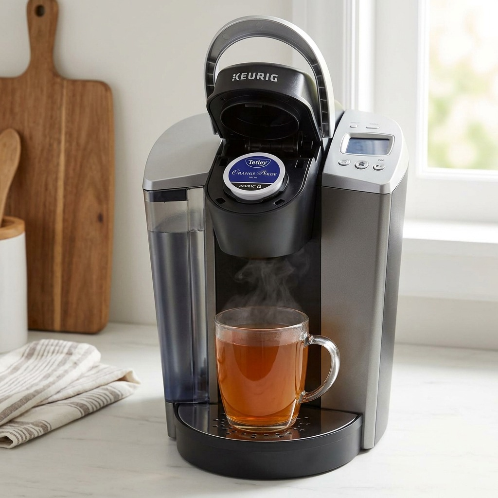 A Keurig K-Cup machine preparing a cup of the Tetley Orange Pekoe tea in a cozy kitchen setting.