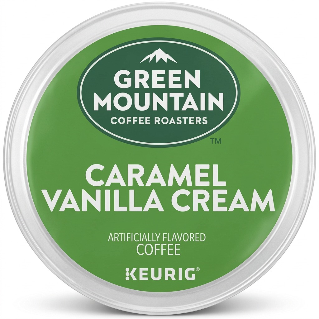 A crisp, front-facing product shot of the Green Mountain Caramel Vanilla Cream K-Cup on white.