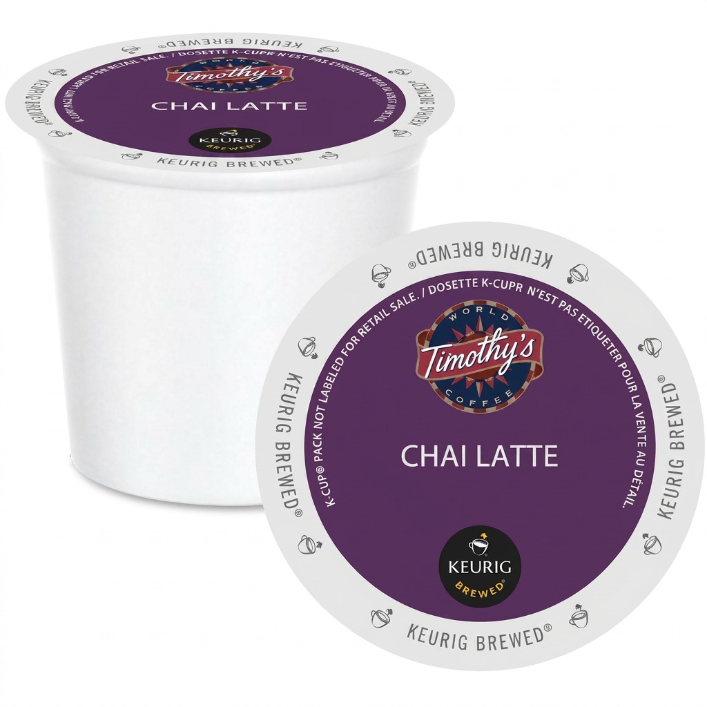 A crisp hero shot of a Timothy's Chai Latte K-Cup and lid on a white background.