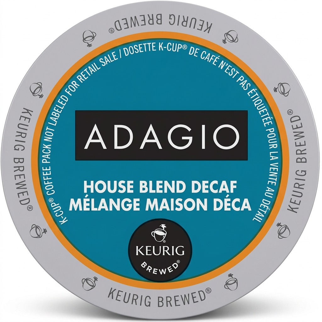 A crisp, high-resolution hero shot of a single Keurig Adagio House Blend Decaf K-Cup, showcasing its specific lid label and grey cup, centered, against a pure white background with realistic lighting and clean shadow.