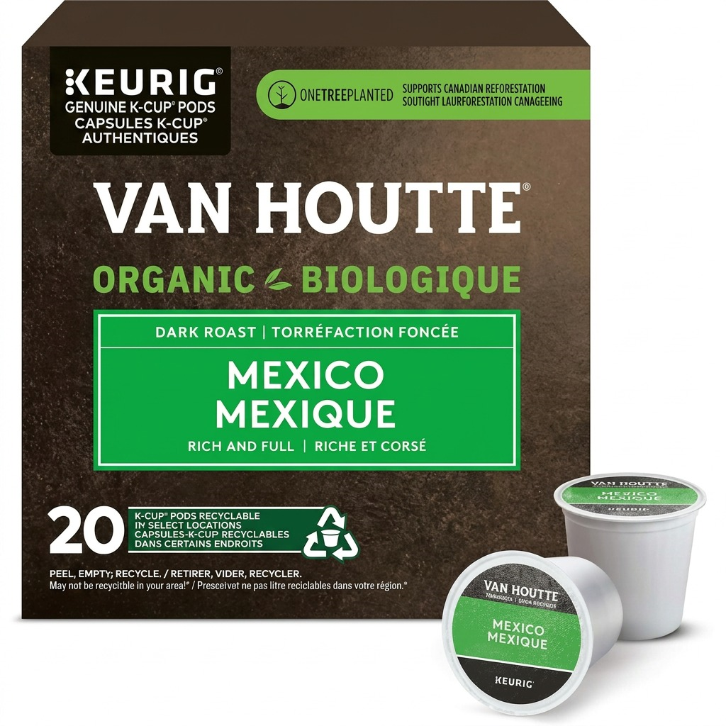 High-resolution hero shot of Van Houtte Mexico Organic K-Cup box with two loose pods.
